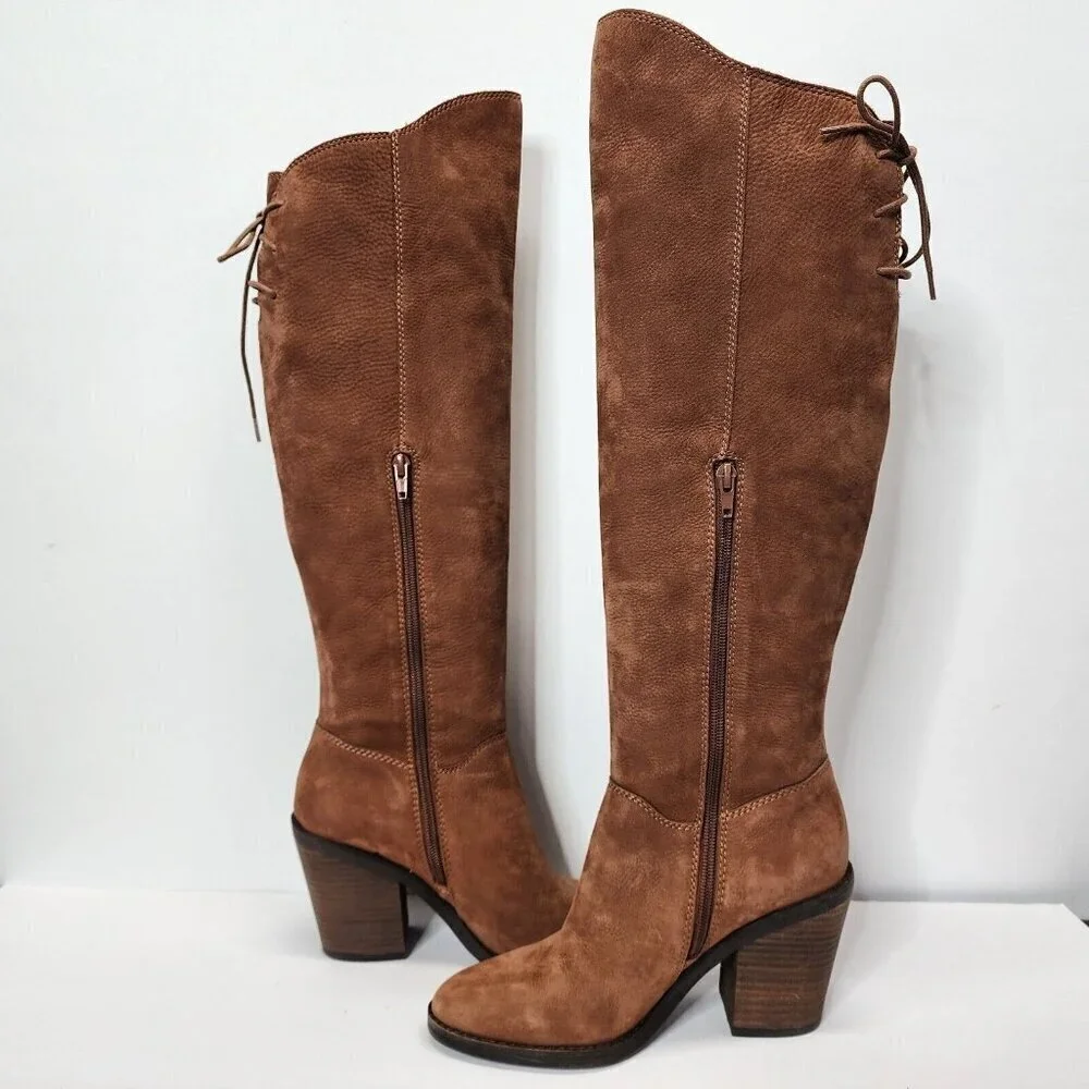 NWOB Lucky Brand Pembe Brown Leather OTK Over the Knee Riding‎ Boots Women's 7